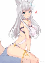 1boy 1girl animal_ears ass bare_shoulders between_legs blue_eyes blunt_bangs blush breasts bulge buttjob buttjob_over_clothes commentary dated erection erection_under_clothes erune fox_ears granblue_fantasy grinding hair_ornament hand_between_legs heart hetero hip_focus jewelry korwa korwa_(summer)_(granblue_fantasy) kuavera large_breasts long_hair looking_back one-piece_swimsuit parted_lips pendant rubbing signature silver_hair simple_background sitting sitting_on_lap sitting_on_person smile swimsuit thighs white_background white_one-piece_swimsuit rating:Questionable score:107 user:danbooru