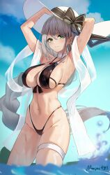  1girl absurdres aquila_(a_sip_of_sardegnian_elegance)_(azur_lane) aquila_(azur_lane) armpits arms_up azur_lane bikini black_bikini bow breasts commentary_request commission green_eyes grey_hair hair_between_eyes hat hat_bow highleg highleg_bikini highres large_breasts long_hair looking_at_viewer maanu navel official_alternate_costume pixiv_commission shawl smile solo sun_hat swimsuit very_long_hair wading white_hat white_shawl 