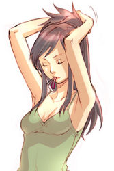  1girl adjusting_hair armpits brown_hair capcom casual closed_eyes ace_attorney apollo_justice:_ace_attorney ema_skye kobashi long_hair lowres mouth_hold  rating:Sensitive score:29 user:danbooru