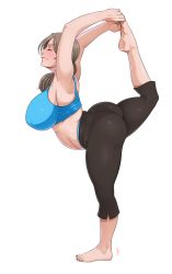 1girl armpits arms_up ass barefoot belly breasts brown_hair capri_pants flexible highres large_breasts leg_up long_hair lunasanguinis mature_female nintendo pants simple_background solo thick_thighs thighs white_background wii_fit wii_fit_trainer wii_fit_trainer_(female) rating:Sensitive score:224 user:danbooru