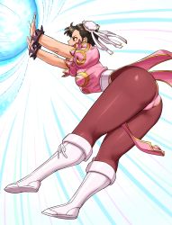 1girl ass bent_over black_hair blush boots breasts brown_eyes bun_cover capcom china_dress chinese_clothes chun-li double_bun dress from_behind hair_bun highres huge_ass kikouken large_breasts leaning leaning_forward multiple_views pantyhose parted_lips shigenobu short_hair sideboob simple_background solo street_fighter thighs thong white_background rating:Sensitive score:40 user:Vardigiil