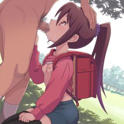 10s 1boy 1girl backpack bag breasts brown_eyes brown_hair censored clothed_female_nude_male clothes_lift cum cum_in_mouth day ejaculation fellatio from_side ginga_e_kickoff!! hand_on_another&#039;s_head hetero kneeling loli long_hair looking_up male_pubic_hair meow_(nekodenki) mosaic_censoring nipples nude oral outdoors penis ponytail pubic_hair randoseru shirt_lift skirt small_breasts standing takatou_erika thighhighs zettai_ryouiki rating:Explicit score:600 user:danbooru