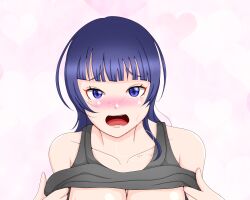 1girl asaka_karin bare_shoulders blue_eyes blue_hair blush breasts breasts_out clothes_lift heart heart_background highres large_breasts lifted_by_self long_hair looking_at_viewer love_live! love_live!_nijigasaki_high_school_idol_club matching_hair/eyes mole out-of-frame_censoring solo sweat upper_body zero_mozzarella
