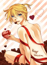  1boy blonde_hair blue_eyes chocolate kagamine_len male_focus mouth_hold mukkun nude ribbon solo valentine vocaloid  rating:Questionable score:5 user:TsundeRay