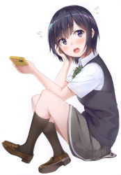  1girl absurdres black_hair black_socks blue_eyes blush brown_footwear cellphone flying_sweatdrops full_body hand_on_own_cheek hand_on_own_face highres holding holding_phone lips loafers looking_at_viewer open_mouth original phone scan shoes short_hair short_sleeves simple_background sitting skirt socks solo sweat sweatdrop sweater_vest unasaka_ryou white_background  rating:Sensitive score:5 user:danbooru