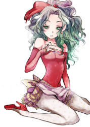  1990s_(style) 1girl bad_id bad_pixiv_id bare_shoulders bridal_gauntlets earrings elbow_gloves female_focus final_fantasy final_fantasy_vi gloves green_eyes green_hair high_heels ironmaskbear jewelry long_hair matching_hair/eyes pantyhose ponytail shoes sitting solo tina_branford white_background 