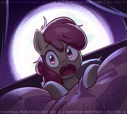  1girl apple_bloom askometa english_text highres long_hair looking_at_viewer my_little_pony my_little_pony:_friendship_is_magic night no_humans open_mouth pillow pink_eyes pink_hair pony_(animal) scared solo under_covers yellow_fur 