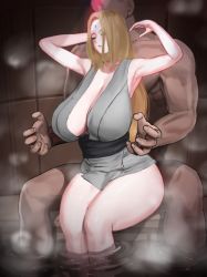  1boy 1girl armpits arms_up bare_shoulders blonde_hair breasts cleavage dark-skinned_male dark_skin closed_eyes facial_mark forehead_mark huge_breasts japanese_clothes kimono large_breasts long_hair mature_female naruto naruto_(series) ninja nude nuo_(30340120) obi partially_submerged reverse_upright_straddle sagging_breasts sash sex sex_from_behind sitting sleeveless sleeveless_kimono thighs tile_wall tiles tsunade_(naruto) water  rating:Explicit score:128 user:danbooru