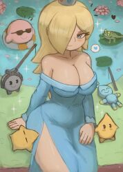  1girl 2boys absurdres animal arm_support blonde_hair blue_dress blue_eyes blush breasts chao_(sonic) cleavage collarbone crossover crown dress fishing fishing_rod flower frog froggy_(sonic) grass hair_over_one_eye heart highres innertube kirby kirby_(series) koco_(sonic) large_breasts lily_pad long_hair long_sleeves looking_at_viewer looking_down luma_(mario) mario_(series) multiple_boys nintendo off_shoulder petals pond rosalina sega side_slit sitting sleeping smile sonic_(series) sonic_frontiers sparkle speech_bubble spoken_heart sunglasses super_mario_galaxy swim_ring thick_thighs thighs tony_welt water wide_hips 