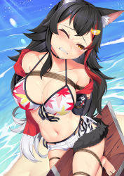  animal_ears barefoot bdsm beach bikini bikini_under_clothes black_choker black_hair bondage bound breasts choker hair_ornament hairclip highres hololive hololive_gamers jacket multicolored_hair one_eye_closed ookami_mio open_clothes open_jacket outdoors red_hair sweat swimsuit tail two-tone_hair virtual_youtuber white_hair wolf_ears wolf_girl wolf_tail wooden_horse yasume_yukito yellow_eyes  rating:Sensitive score:32 user:WindySoma02
