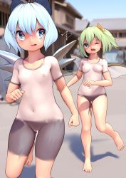2girls bar_censor blue_eyes blue_hair bodypaint breasts censored cirno daiyousei exhibitionism green_eyes green_hair highres huxiao_(mistlakefront) loli multiple_girls nipples nude painted_clothes public_indecency running small_breasts streaking sweat touhou wings rating:Questionable score:144 user:danbooru