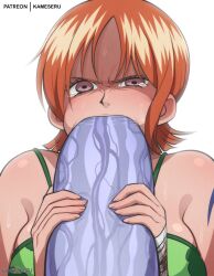  1boy 1girl angry arlong arm_tattoo bandaged_hand bandages brown_eyes clothed_sex clothes fellatio huge_penis kameseru nami_(one_piece) one_piece oral orange_hair penis penis_grab pov short_hair simple_background tattoo veins veiny_penis white_background 