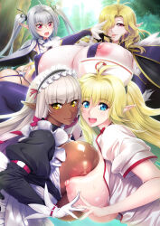  ahoge aoi_nagisa_(metalder) blonde_hair blue_eyes breast_press breasts dark_elf elf evelyn_celebrian forest grey_hair hat highres hime_cut huge_breasts large_areolae long_hair lucy_menelumia maid maid_headdress misery_stentrem nature nipple_slip nipples nurse nurse_cap open_clothes phyllis_hagerhelm pointy_ears red_eyes revealing_clothes smile symmetrical_docking take_your_pick twintails wavy_hair yellow_eyes youkoso!_sukebe_elf_no_mori_e  rating:Questionable score:19 user:danbooru