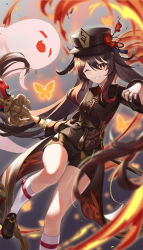  1girl absurdres black_footwear black_headwear black_nails black_shirt black_shorts blurry brown_hair chinese_clothes collared_shirt depth_of_field fire flat_chest flower genshin_impact ghost grin hat hat_flower highres holding holding_spear holding_weapon hu_tao jewelry long_hair long_sleeves looking_at_viewer multiple_rings nail_polish ohihil one_eye_closed plum_blossoms polearm red_eyes ring shirt shoes short_shorts shorts smile socks solo spear star-shaped_pupils star_(symbol) symbol-shaped_pupils tailcoat thighs twintails v-shaped_eyebrows very_long_hair vision_(genshin_impact) weapon white_legwear 