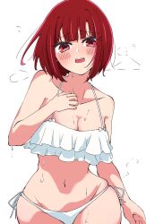  1girl arima_kana arm_at_side bare_shoulders bikini blunt_bangs blush breasts cleavage collarbone commentary_request curvy dripping eyelashes flying_sweatdrops frilled_bikini frills hand_on_own_chest highres looking_at_viewer medium_breasts navel open_mouth oshi_no_ko red_eyes red_hair short_hair simple_background solo steam stomach sweat swimsuit uriumi_sub white_background white_bikini wide_hips  rating:Sensitive score:22 user:danbooru