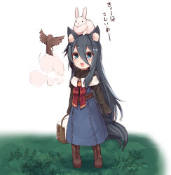  1girl absurdres animal animal_ear_fluff animal_ears animal_on_head bird black_hair blue_eyes boots brown_footwear cat_ears cat_girl check_translation cross-laced_footwear fang fuurin_(tukimitake) grass highres lace-up_boots leather leather_boots long_hair lorna_(fuurin) on_head open_mouth original outdoors picnic_basket rabbit rabbit_on_head skin_fang translation_request very_long_hair 