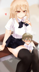  1boy 1girl age_difference alicemagic assertive_female between_legs blonde_hair bullying femdom giant giantess heart highres nervous onee-shota school_uniform shota size_difference teenage_girl_and_younger_boy thick_thighs thighhighs thighs 