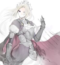  1girl armor armored_dress black_armor black_cape breastplate cape character_request check_copyright closed_mouth copyright_request cowboy_shot crown dress expressionless floating_hair gauntlets granblue_fantasy grey_hair hand_up long_hair looking_at_viewer parted_bangs pink_cape pink_eyes purple_dress simple_background solo tugmix two-sided_cape two-sided_fabric white_background 