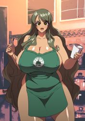  1girl ageha_(senran_kagura) apron breasts brown_eyes brown_hair cleavage confused highres huge_breasts iced_latte_with_breast_milk_(meme) long_hair looking_at_viewer meme naked_apron pencil plump senran_kagura sideboob solo standing suphesol sweatdrop thick_thighs thighs very_long_hair  rating:Questionable score:33 user:extra-thicc-waifus