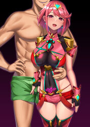  1boy 1girl :d abs absurdres alternate_eye_color boots boxer_briefs breasts brown_background cheating_(relationship) commentary_request core_crystal_(xenoblade) earrings fingerless_gloves fingernails gloves handjob handjob_over_clothes hetero highres impossible_clothes jewelry large_breasts looking_at_viewer male_underwear medium_hair mind_control miyashiro_ryuutarou muscular muscular_male netorare open_mouth pink_eyes pyra_(xenoblade) red_footwear red_hair red_shorts short_shorts short_sleeves shorts simple_background smile thigh_boots topless_male underwear xenoblade_chronicles_(series) xenoblade_chronicles_2 