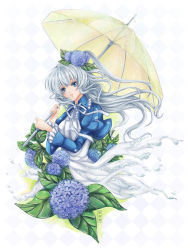  1girl blue_eyes dress flower highres holding hydrangea long_hair nomura_hayashi original silver_hair solo umbrella 