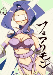  1girl absurdres arm_warmers belt bikini boots breasts butterfly_hair_ornament butterfly_wings character_name cleavage closed_mouth commentary_request covered_erect_nipples covered_eyes digimon digimon_(creature) facial_mark fairimon fairy_wings garter_straps gloves grey_gloves groin hair_ornament hairband head-mounted_display head_wings highres insect_wings koutei_teki large_breasts long_hair multiple_wings musical_note navel parted_bangs purple_belt purple_bikini purple_footwear purple_hair purple_hairband revealing_clothes shoulder_pads skindentation smile solo speech_bubble spoken_musical_note stomach strapless strapless_bikini swimsuit thigh_boots translation_request wings 