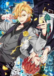  2boys absurdres alcohol boutonniere champagne city earrings flower flower_earrings formal fugounoshu green_necktie grey_vest highres hypnosis_mic id_card izanami_hifumi jewelry kannonzaka_doppo lanyard lapels matenro_(hypnosis_mic) multiple_boys necktie red_hair rose salaryman shawl_lapels shirt striped_clothes striped_shirt suit vertical-striped_clothes vertical-striped_shirt vest yellow_flower yellow_rose 
