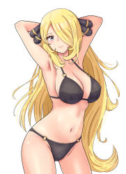  1girl absurdres armpits arms_up bikini black_bikini blonde_hair breasts closed_mouth commentary_request cowboy_shot creatures_(company) cynthia_(pokemon) game_freak gluteal_fold grey_eyes hair_ornament hair_over_one_eye highres large_breasts long_hair looking_at_viewer maho_(corotonton5150) navel nintendo partial_commentary pokemon pokemon_dppt simple_background smile solo stomach swimsuit very_long_hair white_background 