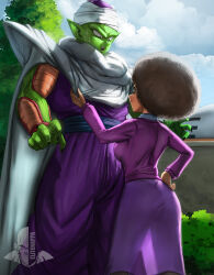  1boy 1girl absurdres afro ass breasts bush cape cloud cloudy_sky colored_skin curtains dark-skinned_female dark_skin dougi dragon_ball dragon_ball_super dragon_ball_super_super_hero elite_nappa green_skin highres janet_(dragon_ball) long_sleeves looking_at_viewer medium_breasts open_mouth piccolo pointy_ears skirt sky tree turban white_cape 
