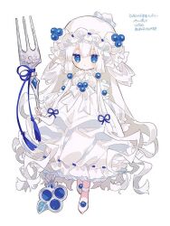 1girl alcremie alcremie_(berry_sweet) alcremie_(salted_cream) beads blue_eyes blueberry_hair_ornament bow commentary creatures_(company) detached_sleeves dress food-themed_hair_ornament fork frilled_dress frills full_body game_freak gen_8_pokemon hair_beads hair_ornament hair_rings hat hibi89 holding holding_fork long_hair long_sleeves mob_cap nintendo personification pokemon simple_background solo symbol-only_commentary very_long_hair white_background white_bow white_dress white_hair white_hat