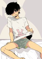1boy arm_support black_hair boxers hair_over_one_eye highres leaning_to_the_side looking_at_viewer male_focus male_underwear ocha_(kinnkonnsousai) on_bed open_mouth original print_shirt shirt short_hair sitting solo t-shirt underwear white_shirt rating:Sensitive score:53 user:Dweenie