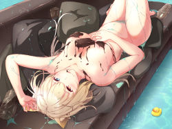  1girl :q animal_ear_fluff animal_ears arknights arm_up barefoot blonde_hair blue_eyes bottle breasts brown_eyes cat_ears chocolate chocolate_on_body chocolate_on_breasts commentary_request couch dermar heterochromia highres knees_up large_breasts nightmare_(arknights) nude pillow rubber_duck solo thighs tongue tongue_out water  rating:Questionable score:31 user:danbooru