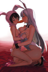 2girls animal_ears animal_hood asymmetrical_docking bare_shoulders black_hair blush grabbing_another&#039;s_breast breast_press breasts rabbit_hood carrot cleavage detached_collar fake_animal_ears fishnet_pantyhose fishnets flat_chest grabbing groping height_difference high_heels hood kneeling large_breasts long_hair multiple_girls nanaichi original pantyhose playboy_bunny rabbit_ears rabbit_tail red_eyes saliva sexually_suggestive shoes sideboob silver_hair size_difference squatting tail tongue unmoving_pattern wrist_cuffs yuri rating:Questionable score:222 user:danbooru