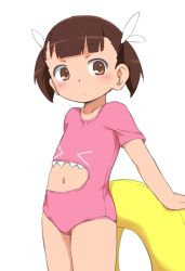  1girl blush brown_eyes brown_hair bubukka character_request eyebrows navel pink_one-piece_swimsuit short_hair short_twintails simple_background solo swimsuit twintails white_background  rating:Sensitive score:89 user:danbooru