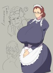  1girl apron black_eyes breasts breasts_day brown_hair cropped_legs gigantic_breasts glass glasses good_breasts_day gradient_background hair_bun hair_down long_sleeves maid maid_apron maid_headdress open_mouth original own_hands_together puffy_sleeves sasaki_tatsuya simple_background sketch speech_bubble standing translation_request unaligned_breasts 
