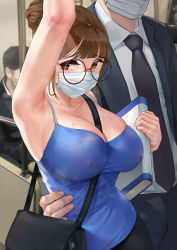  1boy 1girl absurdres arm_up armpits bag between_breasts blue_camisole book breasts brown_eyes brown_hair camisole chikan cleavage collarbone commentary_request covered_erect_nipples eyelashes eyeliner formal furrowed_brow glasses hair_bun handbag highres holding holding_book large_breasts makeup mask mouth_mask mute_(mute89539160) necktie nervous no_bra original salaryman single_hair_bun skindentation spaghetti_strap strap_between_breasts suit sweat nervous_sweating sweaty_clothes torso_grab train_interior upper_body  rating:Questionable score:132 user:danbooru