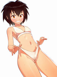  1girl bikini bikini_pull black_hair blush breasts brown_eyes censored clothes_pull covered_erect_nipples highres kassitta loli looking_at_viewer marvel mosaic_censoring navel paid_reward_available peni_parker short_hair simple_background small_breasts smile solo spider-man:_into_the_spider-verse spider-man_(series) spider-verse stomach sweat swimsuit thighs wedgie white_bikini  rating:Questionable score:461 user:danbooru