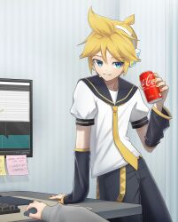  1boy 1other ambiguous_gender aqua_eyes arm_support ataraii_moyasi black_arm_warmers black_pants black_sailor_collar blonde_hair can coca-cola commentary computer drink_can grin hand_on_table highres holding holding_can indoors kagamine_len keyboard_(computer) looking_at_viewer male_focus master_(vocaloid) monitor mouse_(computer) nail_polish necktie pants sailor_collar school_uniform shirt short_ponytail short_sleeves smile soda_can solo_focus spiked_hair sticky_note vocaloid white_shirt yellow_nails yellow_necktie 