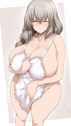  1girl absurdres apron blush breasts cat cleavage closed_eyes collarbone dot_nose dutch_angle embarrassed facing_viewer female_focus flying_sweatdrops grey_background grey_hair highres huge_breasts long_hair mature_female naked_apron smile solo standing thick_thighs thighs tsukasawa_takamatsu uzaki-chan_wa_asobitai! uzaki_tsuki wide_hips 