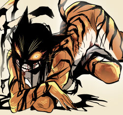  1girl animal_ears black_hair black_nails blood blood_on_mouth breasts claws colored_sclera completely_nude crossed_arms dream_tiger_(govy9807) highres long_hair lying margare monster_girl nude on_side orange_fur orange_sclera personification simple_background solo tail teeth tiger_girl tiger_stripes tiger_tail very_long_hair whiskers 