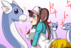  10s 1girl bent_over blue_eyes blush bouncing_breasts breasts brown_hair creatures_(company) curvy double_bun dratini game_freak gen_1_pokemon green_eyes hair_bun hat heavy_breathing large_breasts long_hair nintendo nishi_koutarou open_mouth pantyhose pokemon pokemon_(creature) pokemon_bw2 raglan_sleeves rosa_(pokemon) sexually_suggestive simple_background smile twintails visor_cap white_background  rating:Sensitive score:53 user:Rikko-43