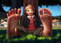 1girl bandaid bandaid_on_face barefoot blush capri_pants dirty dirty_feet earrings feet foot_focus foreshortening grass green_eyes hair_ornament hairpin highres hood hoodie house idfer jacket jewelry looking_at_viewer nature open_clothes open_hoodie open_mouth original pants red_hair road shirt short_hair smile soles spread_toes street tire_swing toes tomboy tree  rating:Sensitive score:156 user:danbooru