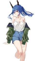  1girl arknights arm_support bare_shoulders blue_hair blue_shorts breasts ch&#039;en_(arknights) cleavage cropped_legs dragon_horns green_jacket highres horns jacket lily0428 long_hair long_sleeves off-shoulder_shirt off_shoulder pink_eyes ponytail shirt shorts sitting solo spaghetti_strap thighs white_shirt 