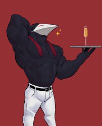  1boy 9klipse abs arm_behind_back bara belt bird_boy bird_mask black_belt champagne_flute commentary cup deltarune drinking_glass english_commentary feathers furry furry_male highres holding holding_tray male_focus mask necktie pants pectorals red_background red_necktie sparkle swatchling_(deltarune) topless_male tray undone_necktie white_pants 