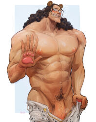  1boy abs animal_ears artist_name bartholomew_kuma bear_ears black_hair black_pubic_hair blush clothes_pull curly_hair embarrassed flaccid furrowed_brow glasses hand_up highres long_hair looking_at_viewer male_focus male_pubic_hair muscular muscular_male navel nipples nose_blush nude one_piece open_fly open_mouth open_pants pants pants_pull pawpads pectorals penis pubic_hair rollo_(kuyuen1) solo stomach sweat unzipped veins veiny_penis zipper zipper_pull_tab 