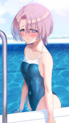  1girl arimura_mao blue_one-piece_swimsuit breasts commentary_request competition_swimsuit covered_navel eyes_visible_through_hair gakuen_idolmaster hair_over_one_eye highleg highleg_swimsuit highres idolmaster looking_at_viewer okuri_banto one-piece_swimsuit pink_hair pool pool_ladder short_hair small_breasts solo swimsuit two-tone_swimsuit water 