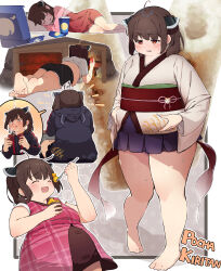  +_+ 1girl absurdres ahoge ahoge_wag alternate_body_size barefoot belly_grab black_shorts blush border breasts brown_hair closed_eyes commentary_request covered_navel cupcake dolphin_shorts dot_nose dress eating expressive_hair fat food fork from_behind full_body handheld_game_console highres holding holding_fork holding_handheld_game_console hood hood_down hoodie japanese_clothes kimono kotatsu long_sleeves lying making-of_available medium_hair multiple_views notice_lines on_side on_stomach open_mouth outline outside_border paid_reward_available parted_lips pink_dress pleated_skirt red_dress red_eyes shiori_(plzcallmeshiori) short_kimono short_sleeves shorts skirt small_breasts standing sweat table thick_thighs thighs touhoku_kiritan under_kotatsu under_table upper_body voiceroid weight_conscious white_border white_outline wide_sleeves 