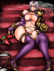  1041_(toshikazu) 1girl blue_eyes breasts cleavage curvy gauntlets green_eyes hip_focus huge_breasts isabella_valentine revealing_clothes short_hair sitting solo soul_calibur soulcalibur soulcalibur_iv sword thick_thighs thighhighs thighs weapon whip whip_sword wide_hips  rating:Questionable score:48 user:danbooru