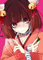  1girl animal_ears bell black_eyeliner blunt_bangs bob_cut brown_hair cat_ears cat_girl choker closed_mouth collarbone commentary_request dot_nose eyeliner fingernails frilled_choker frills hair_ribbon holding holding_mahjong_tile holding_tenbou ichihime japanese_clothes jingle_bell kimono lace-trimmed_sleeves lace_trim lips long_sleeves looking_at_viewer mahjong mahjong_soul mahjong_tile makeup medium_bangs niboss pink_background pink_kimono red_eyes red_nails red_ribbon ribbon short_hair simple_background smile solo tenbou upper_body 