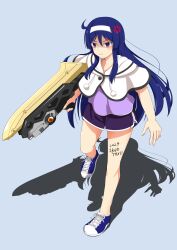  1girl absurdres ahoge anger_vein assault_lily blue_background blue_footwear blue_hair body_writing buttons capelet clenched_teeth commentary_request commission dolphin_shorts full_body gun hair_between_eyes hairband highres holding holding_gun holding_weapon itou_shizu_(assault_lily) leg_up light_blush long_hair looking_ahead parted_lips pom_pom_(clothes) purple_eyes purple_shirt purple_shorts senri_(senri03151221) shaded_face shadow shirt shoes short_shorts shorts side_slit side_slit_shorts sidelocks simple_background skeb_commission sneakers solo standing standing_on_one_leg teeth two-tone_footwear v-shaped_eyebrows very_long_hair weapon white_capelet white_footwear white_hairband 